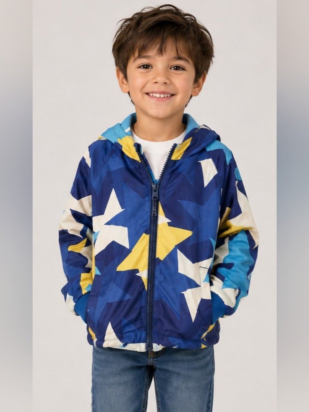 Mini Boden Star Print Jacket Size 4/5 Years Blue Yellow Zip Lightweight Kids